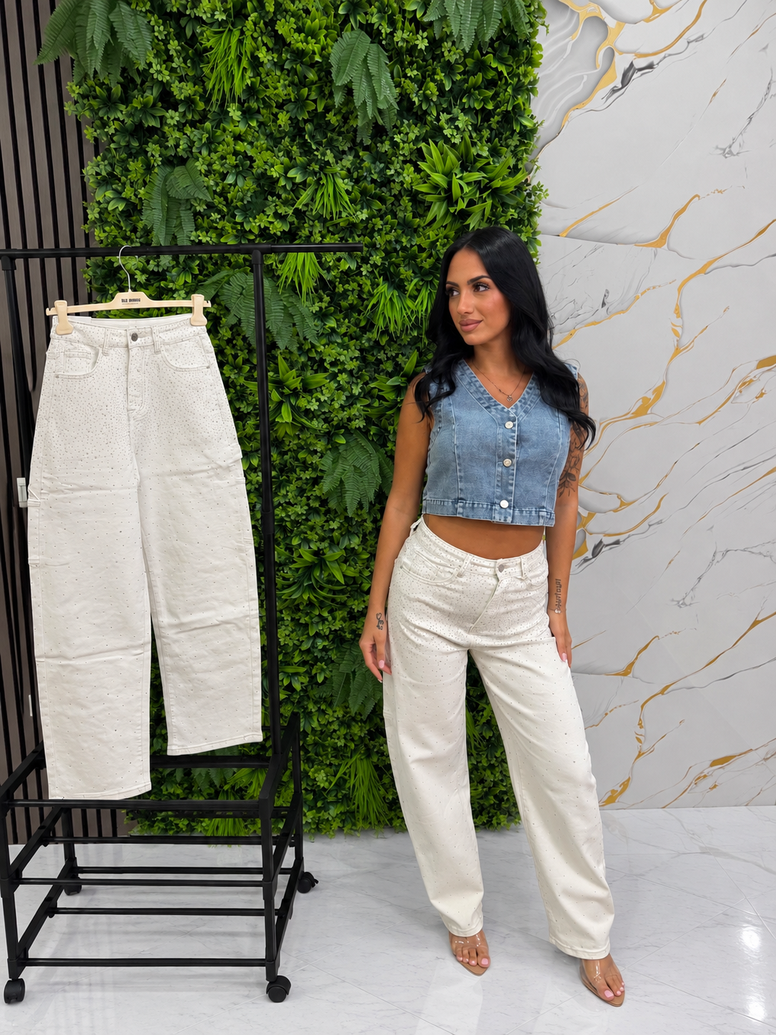 JEANS BALLOON - White Strass Edition